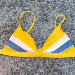 Yellow bikini top with blue and white stripes